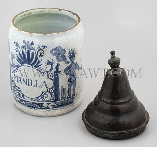 Dutch Delft
Tobacco Jar
'MANILLA'
With The Three Bells Mark
18th Century, open view